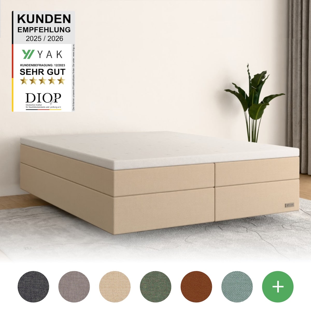 YAK Boxspringbett 180x200 Creme (Beige) H2/H3/H4 ohne Kopfteil (für Dachschräge) - risikofrei 101 Nächte Probeschlafen [mit Infrarot-Faser] - 