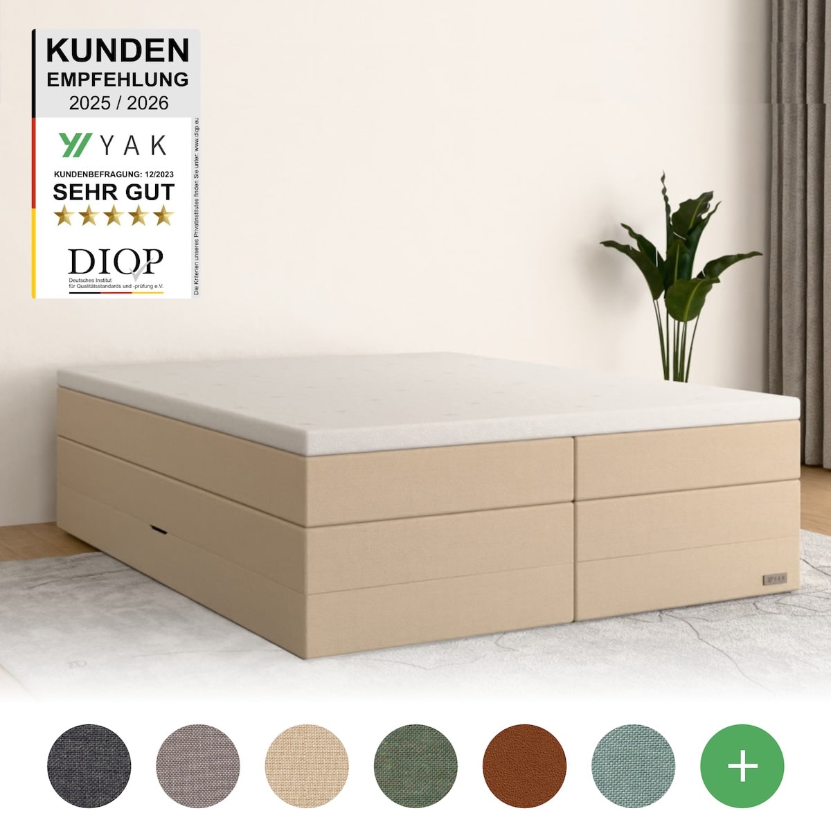 YAK Boxspringbett 180x200 , Creme (Beige) , H2/H3/H4 - ohne Kopfteil (für Dachschräge) , risikofrei 101 Nächte Probeschlafen [mit Infrarot-Faser] - 