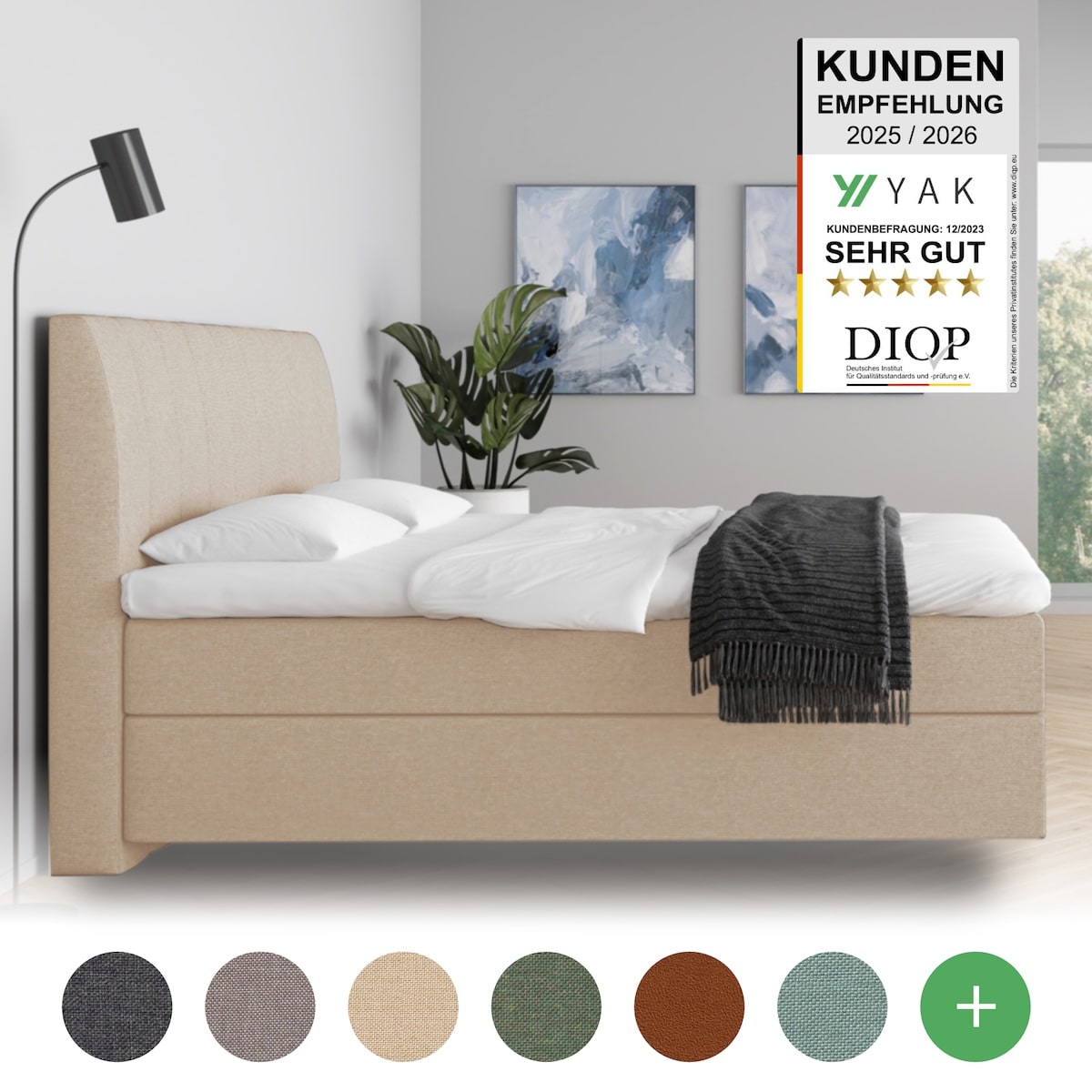 YAK Boxspringbett 180x200 Creme (Beige) H2/H3/H4 mit Kopfteil - risikofrei 101 Nächte Probeschlafen [mit Infrarot-Faser] - Kostenlose Lieferung