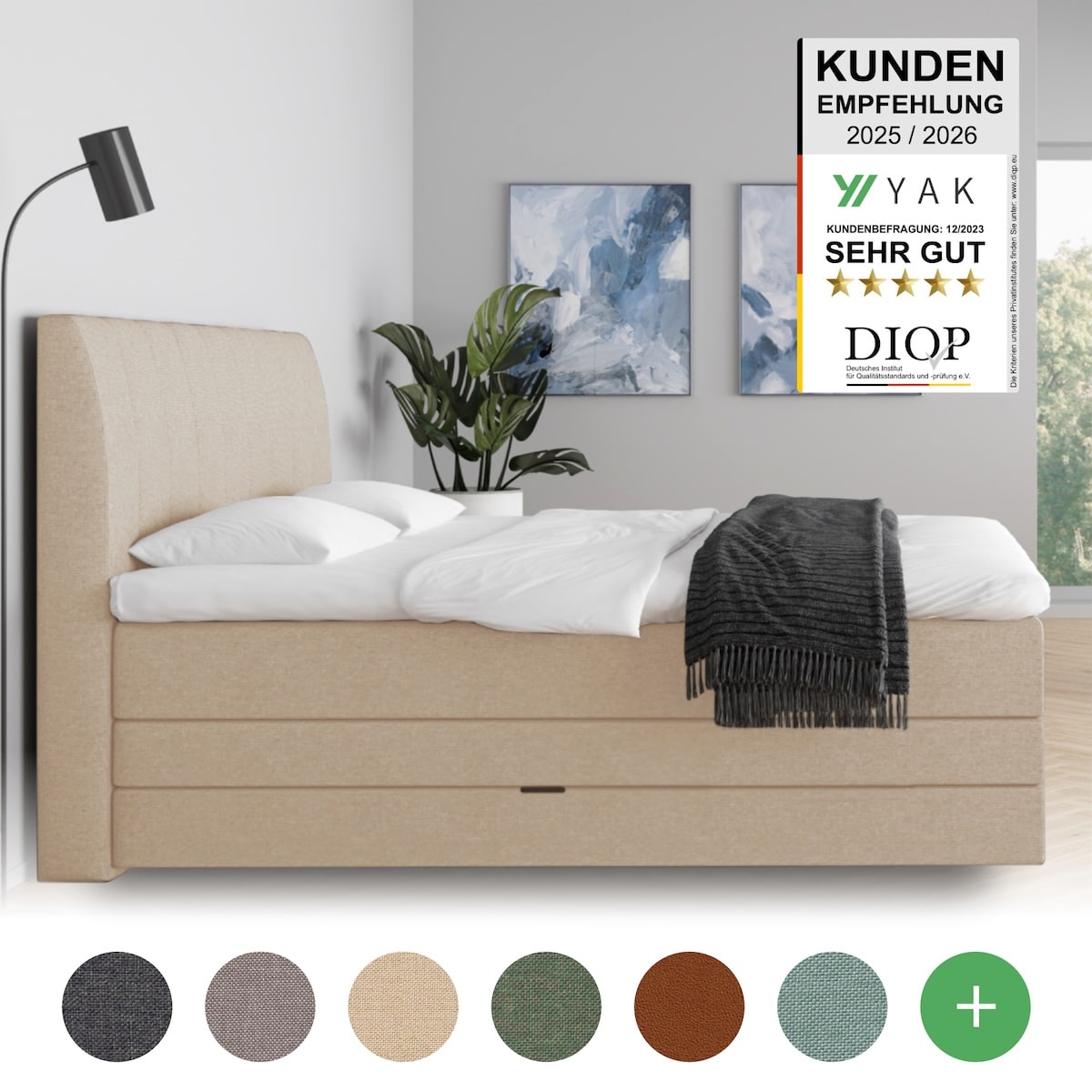 YAK Boxspringbett 180x200 , Creme (Beige) , H2/H3/H4 - mit Kopfteil , risikofrei 101 Nächte Probeschlafen [mit Infrarot-Faser] - Kostenlose Lieferung