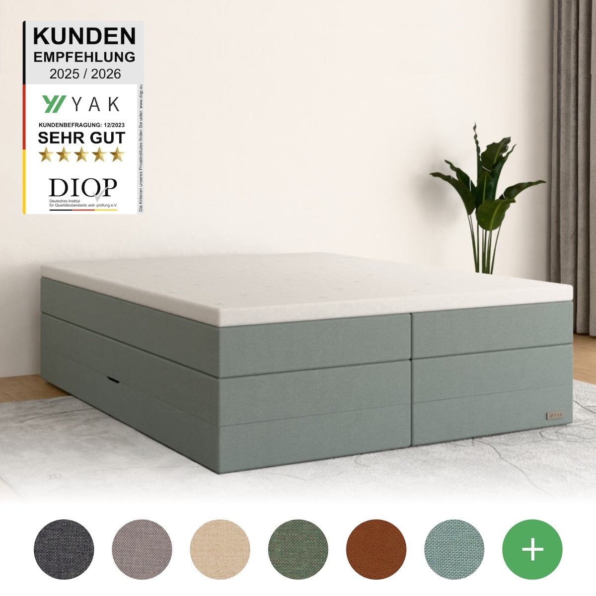 YAK Boxspringbett 180x200 Blau H2/H3/H4 ohne Kopfteil (für Dachschräge) - risikofrei 101 Nächte Probeschlafen [mit Infrarot-Faser] - Kostenlose 
