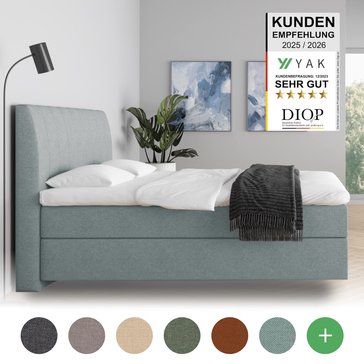YAK Boxspringbett 140x200 Blau H2/H3/H4 mit Kopfteil - risikofrei 101 Nächte Probeschlafen [mit Infrarot-Faser] - Kostenlose Lieferung