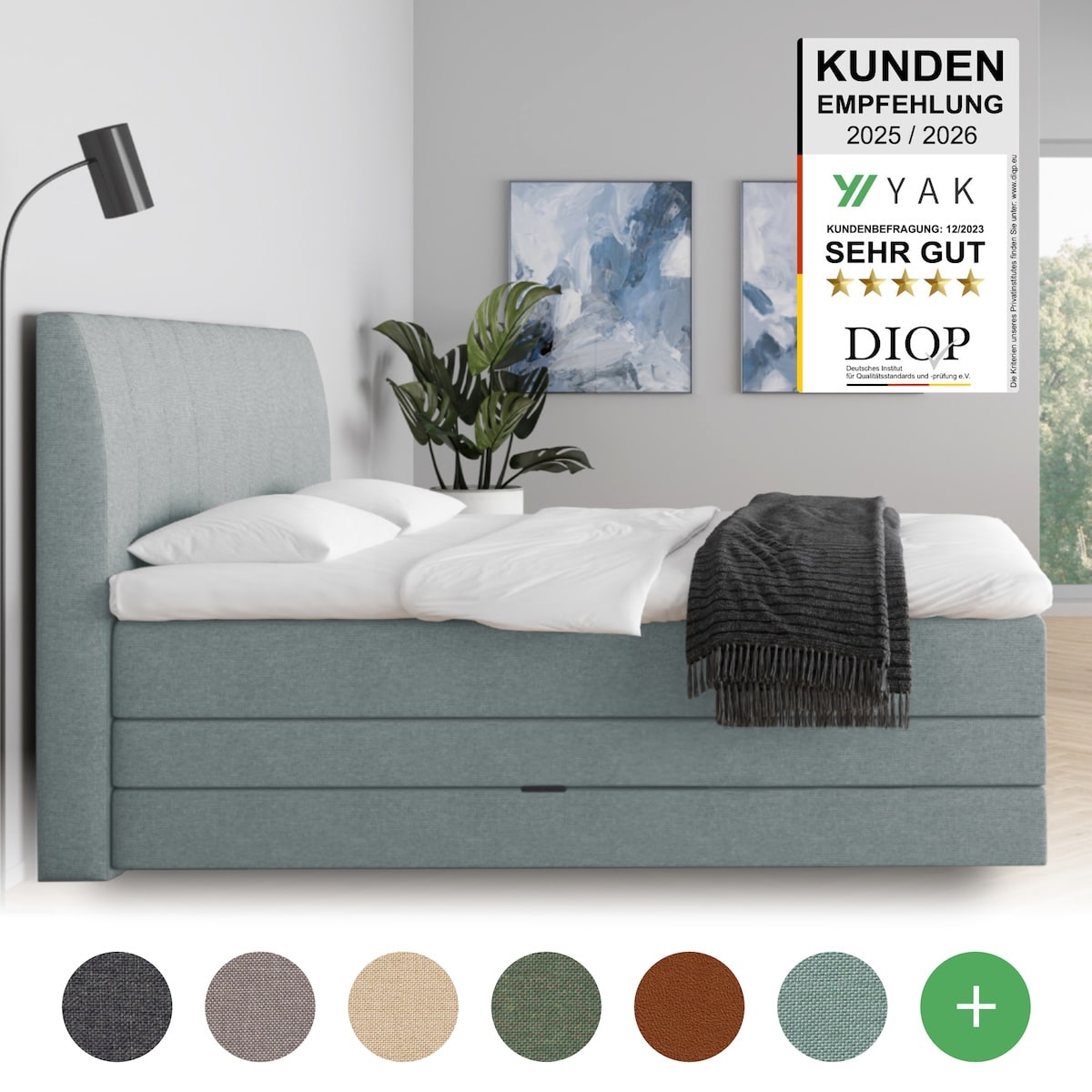 YAK Boxspringbett 140x200 , Blau , H2/H3/H4 - mit Kopfteil , risikofrei 101 Nächte Probeschlafen [mit Infrarot-Faser] - Kostenlose Lieferung