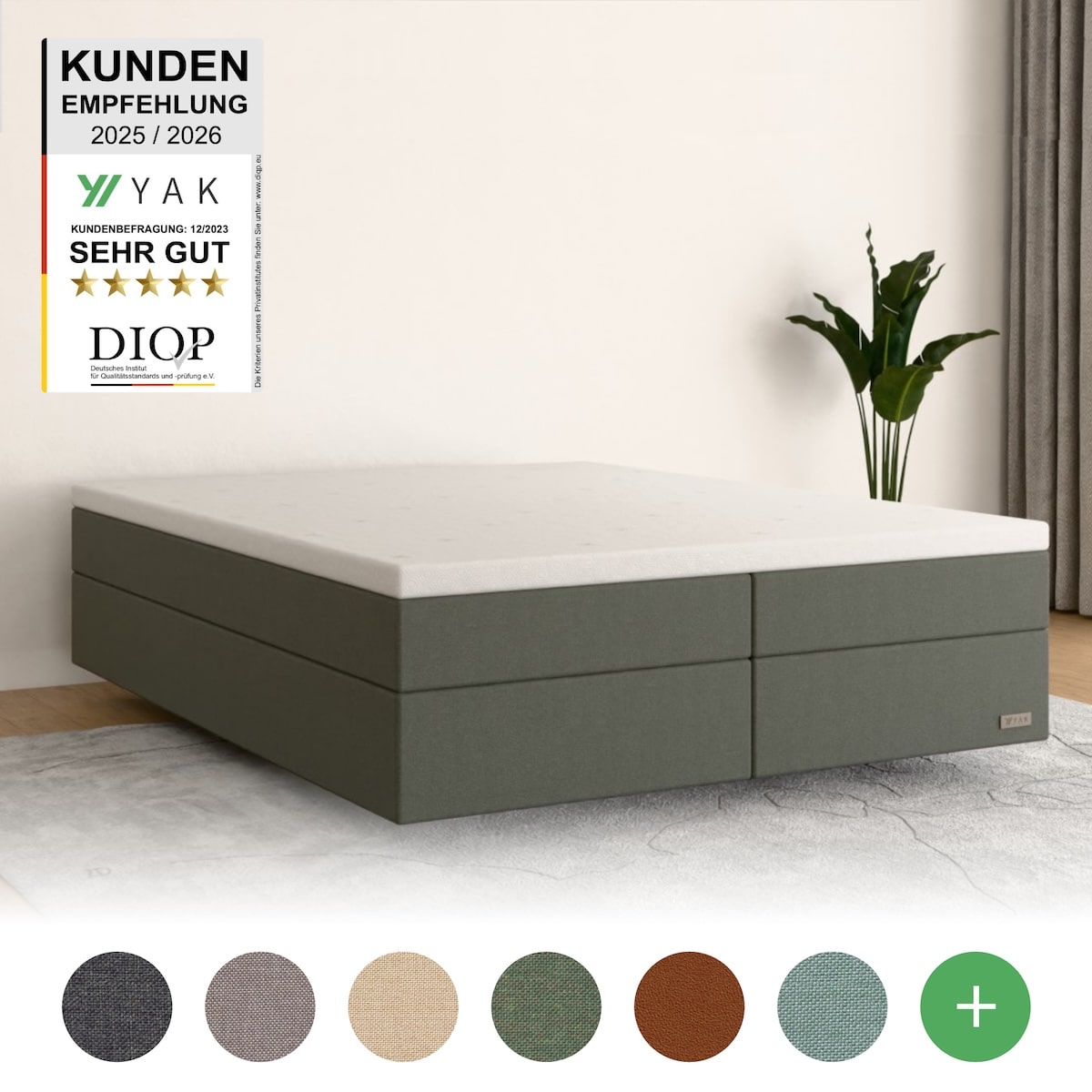 YAK Boxspringbett 160x200 Grün H2/H3/H4 ohne Kopfteil (für Dachschräge) - risikofrei 101 Nächte Probeschlafen [mit Infrarot-Faser] - Kostenlose 