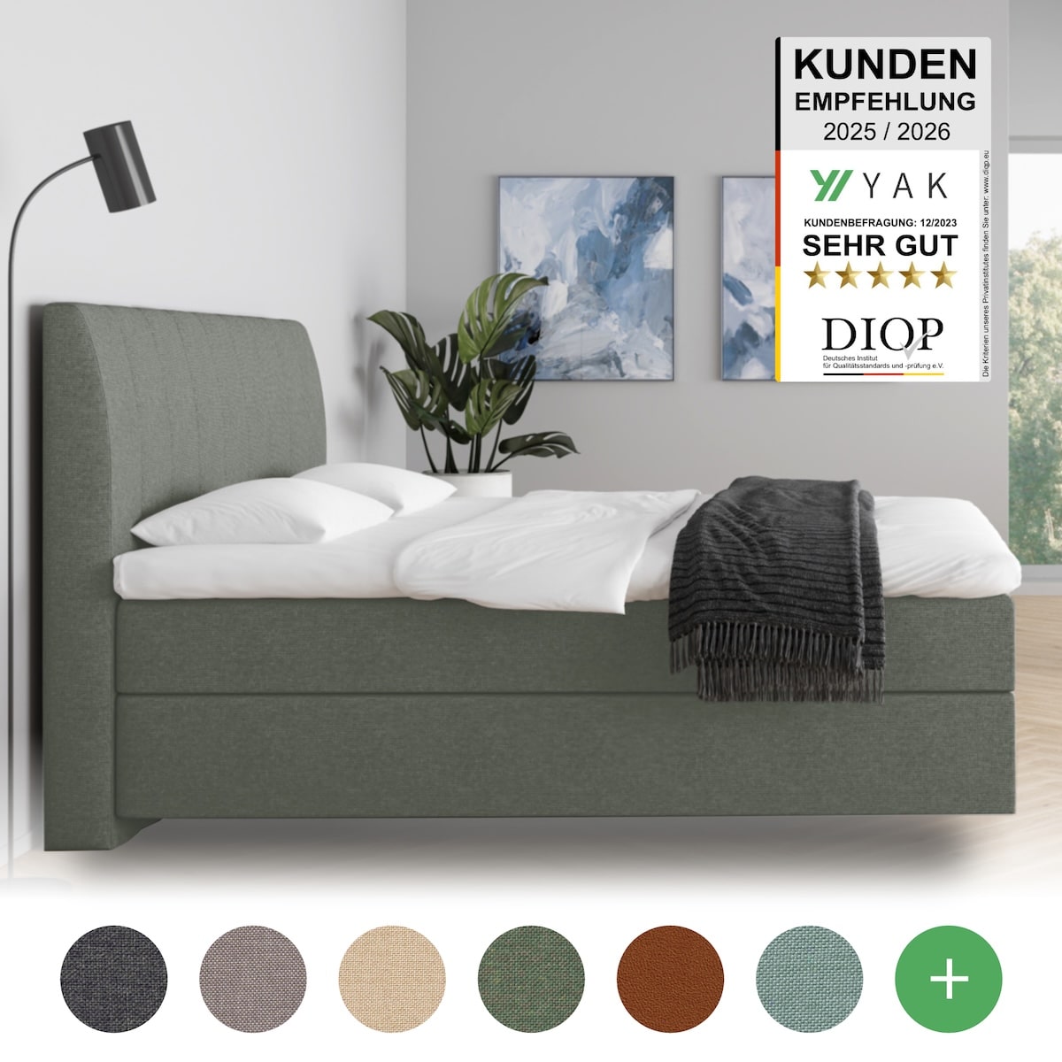 YAK Boxspringbett 140x200 Grün H2/H3/H4 mit Kopfteil - risikofrei 101 Nächte Probeschlafen [mit Infrarot-Faser] - Kostenlose Lieferung