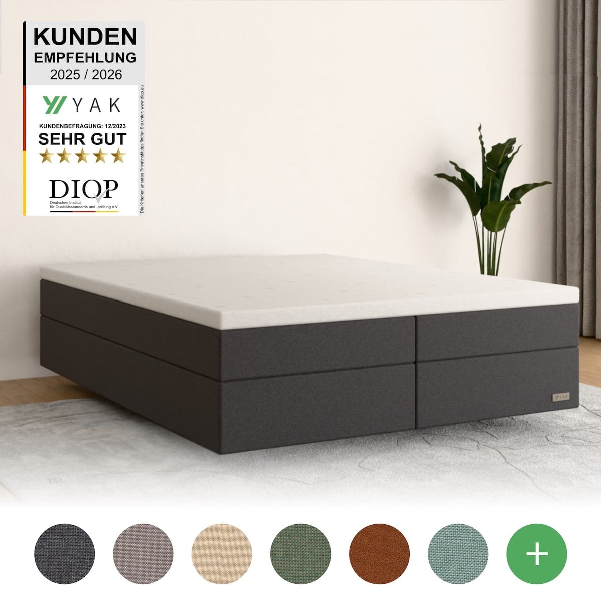 YAK Boxspringbett 140x200, 160x200, 180x200, 200x200 (XXL) , Blau, Creme (Beige), Grau (Anthrazit), Grün, Hellgrau, Rosa, Schwarz , H2/H3/H4 - mit 