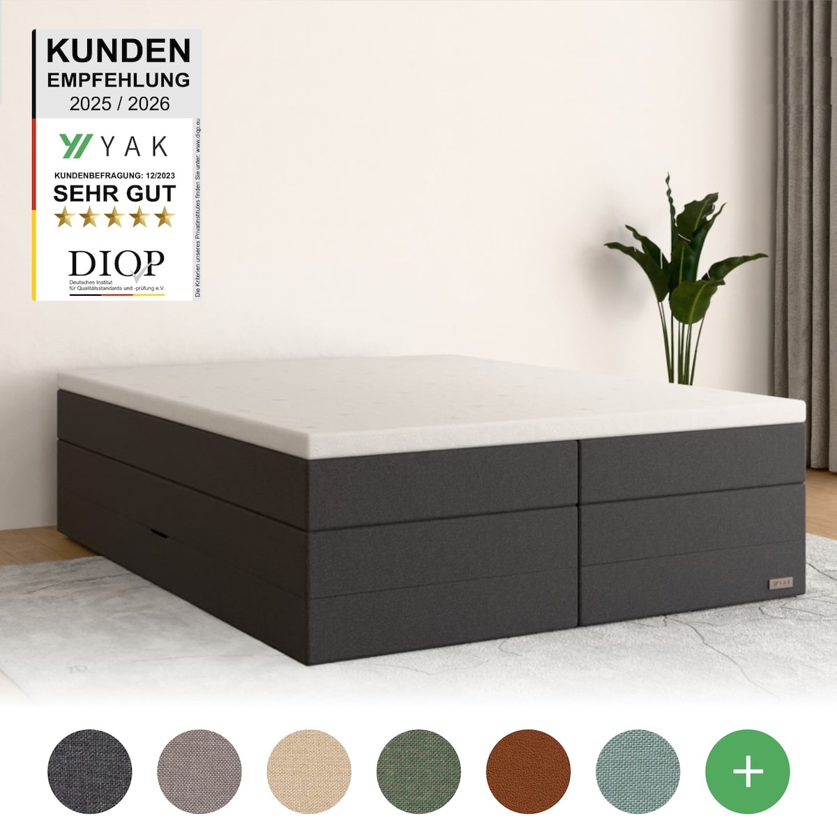 YAK Boxspringbett 140x200 , Grau (Anthrazit) , H2/H3/H4 - ohne Kopfteil (für Dachschräge) , risikofrei 101 Nächte Probeschlafen [mit Infrarot-Faser] -