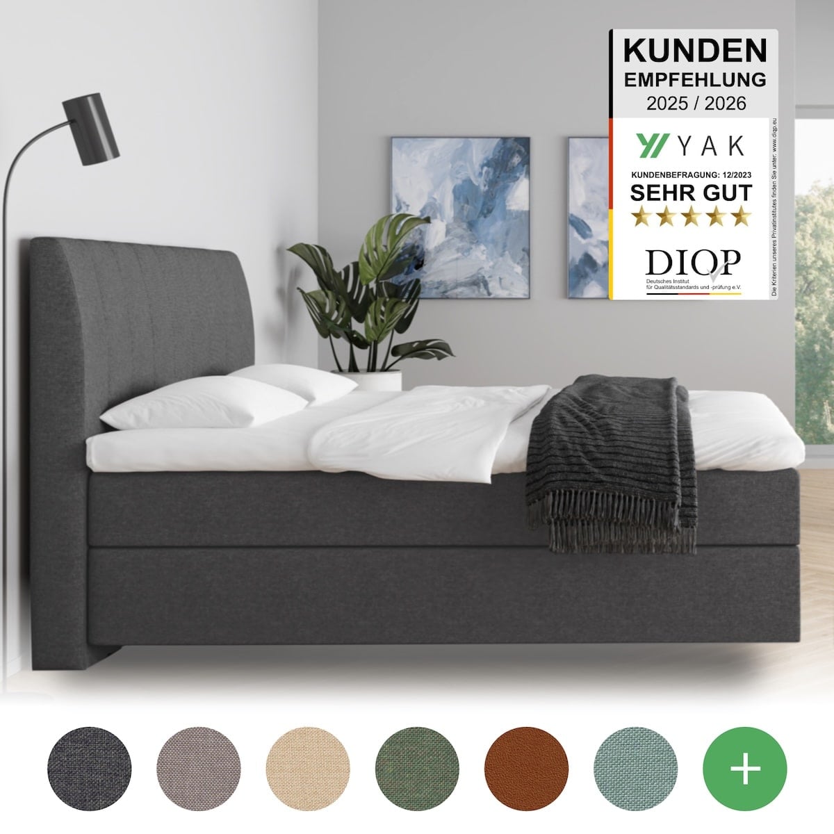 YAK Boxspringbett 140x200, 160x200, 180x200, 200x200 (XXL) , Blau, Creme (Beige), Grau (Anthrazit), Grün, Hellgrau, Rosa, Schwarz , H2/H3/H4 - mit 