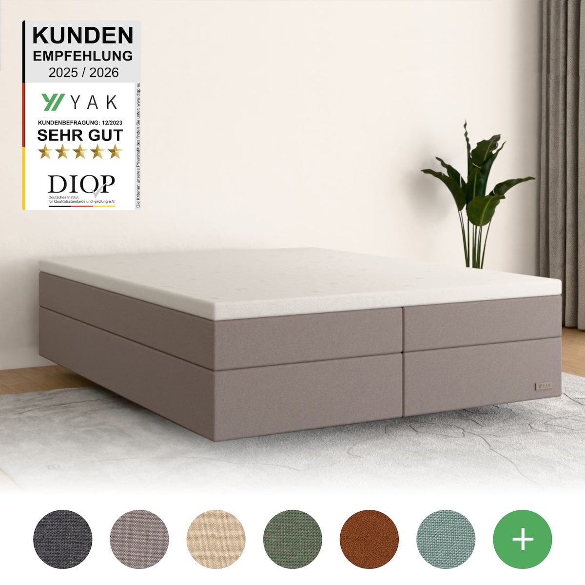 YAK Boxspringbett 180x200 , Hellgrau , H2/H3/H4 - ohne Kopfteil (für Dachschräge) , risikofrei 101 Nächte Probeschlafen [mit Infrarot-Faser] - 