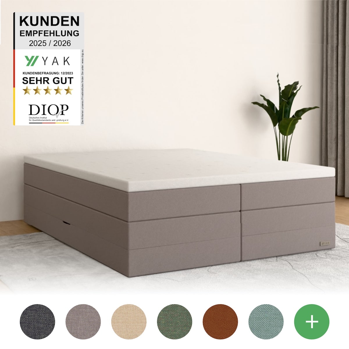 YAK Boxspringbett 200x200 (XXL) Hellgrau H2/H3/H4 ohne Kopfteil (für Dachschräge) - risikofrei 101 Nächte Probeschlafen [mit Infrarot-Faser] - 