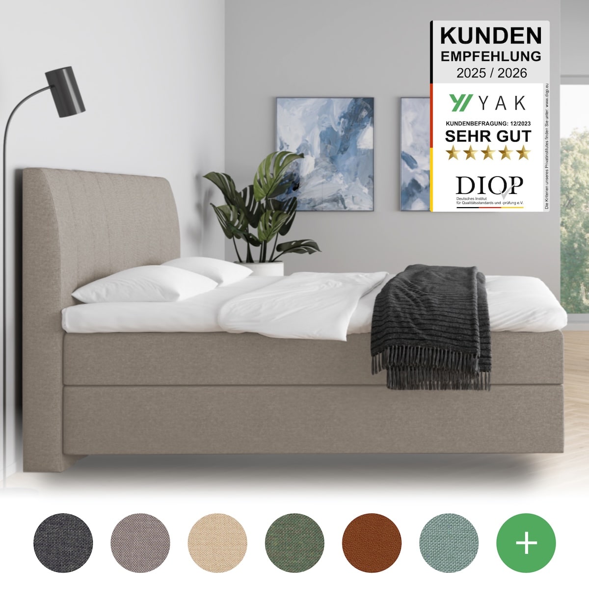 YAK Boxspringbett 140x200 , Hellgrau , H2/H3/H4 - mit Kopfteil , risikofrei 101 Nächte Probeschlafen [mit Infrarot-Faser] - Kostenlose Lieferung