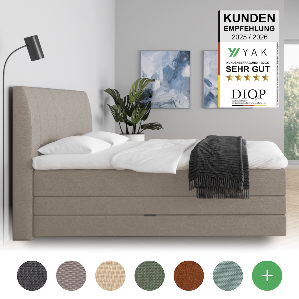 YAK Boxspringbett 140x200 , Hellgrau , H2/H3/H4 - mit Kopfteil , risikofrei 101 Nächte Probeschlafen [mit Infrarot-Faser] - Kostenlose Lieferung