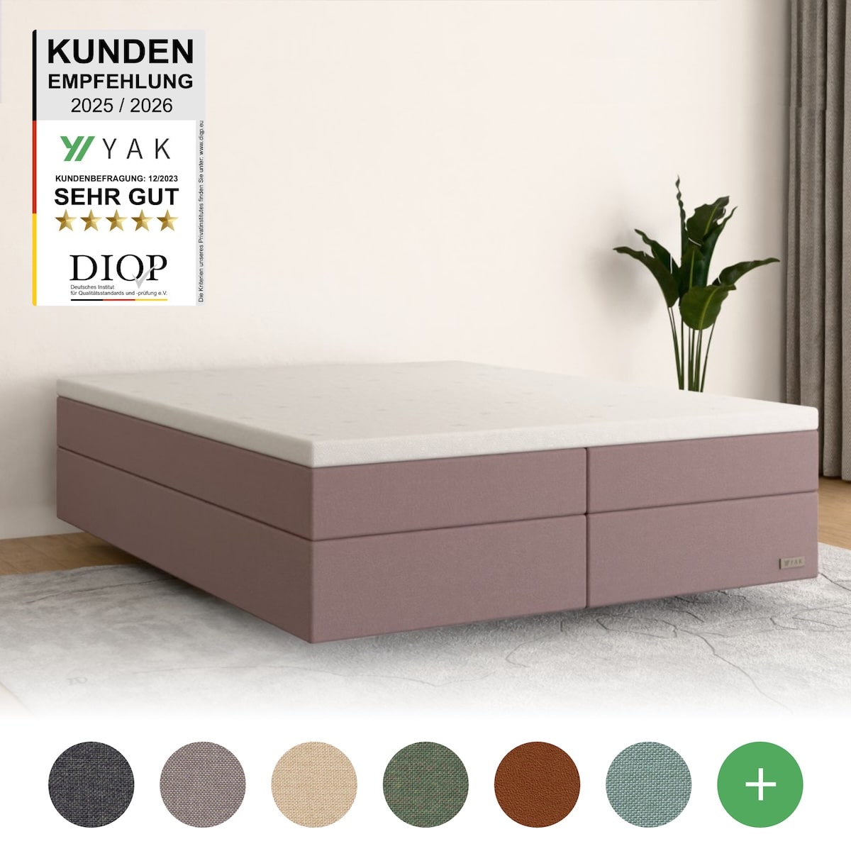 YAK Boxspringbett 140x200 , Rosa , H2/H3/H4 - ohne Kopfteil (für Dachschräge) , risikofrei 101 Nächte Probeschlafen [mit Infrarot-Faser] - Kostenlose 