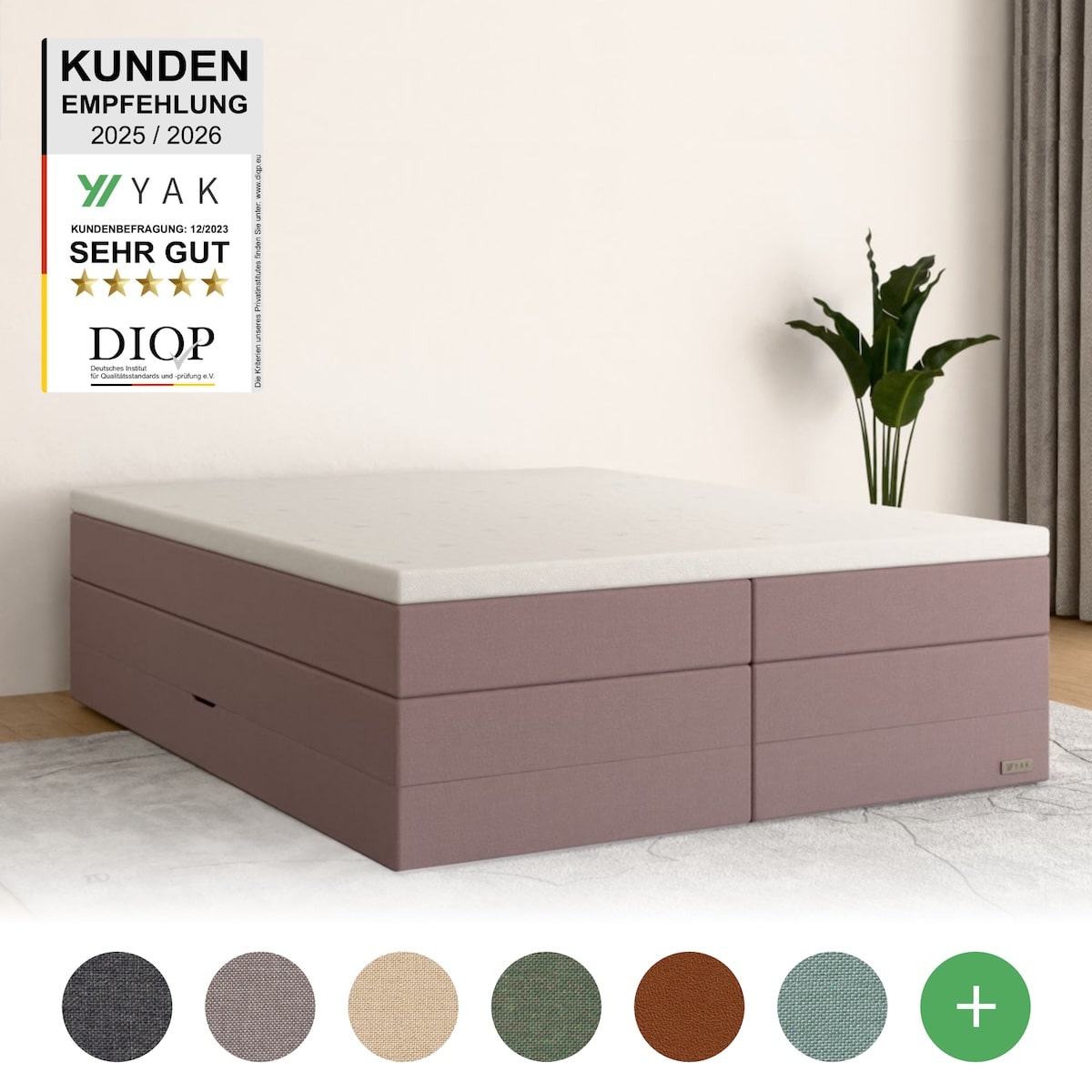 YAK Boxspringbett 160x200 , Rosa , H2/H3/H4 - ohne Kopfteil (für Dachschräge) , risikofrei 101 Nächte Probeschlafen [mit Infrarot-Faser] - Kostenlose 
