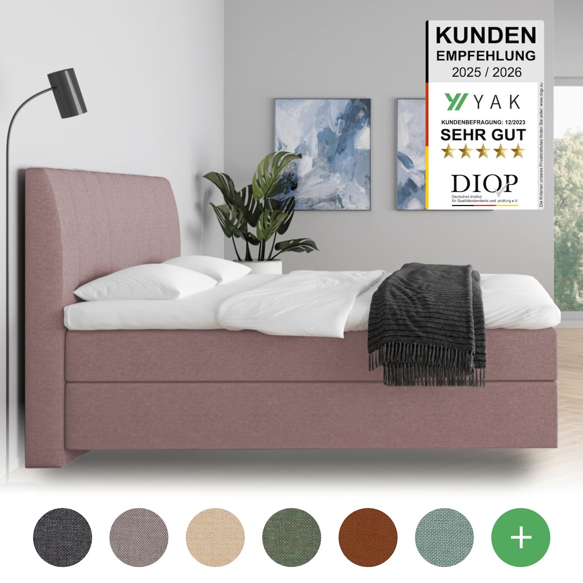 YAK Boxspringbett 140x200 Rosa H2/H3/H4 mit Kopfteil - risikofrei 101 Nächte Probeschlafen [mit Infrarot-Faser] - Kostenlose Lieferung