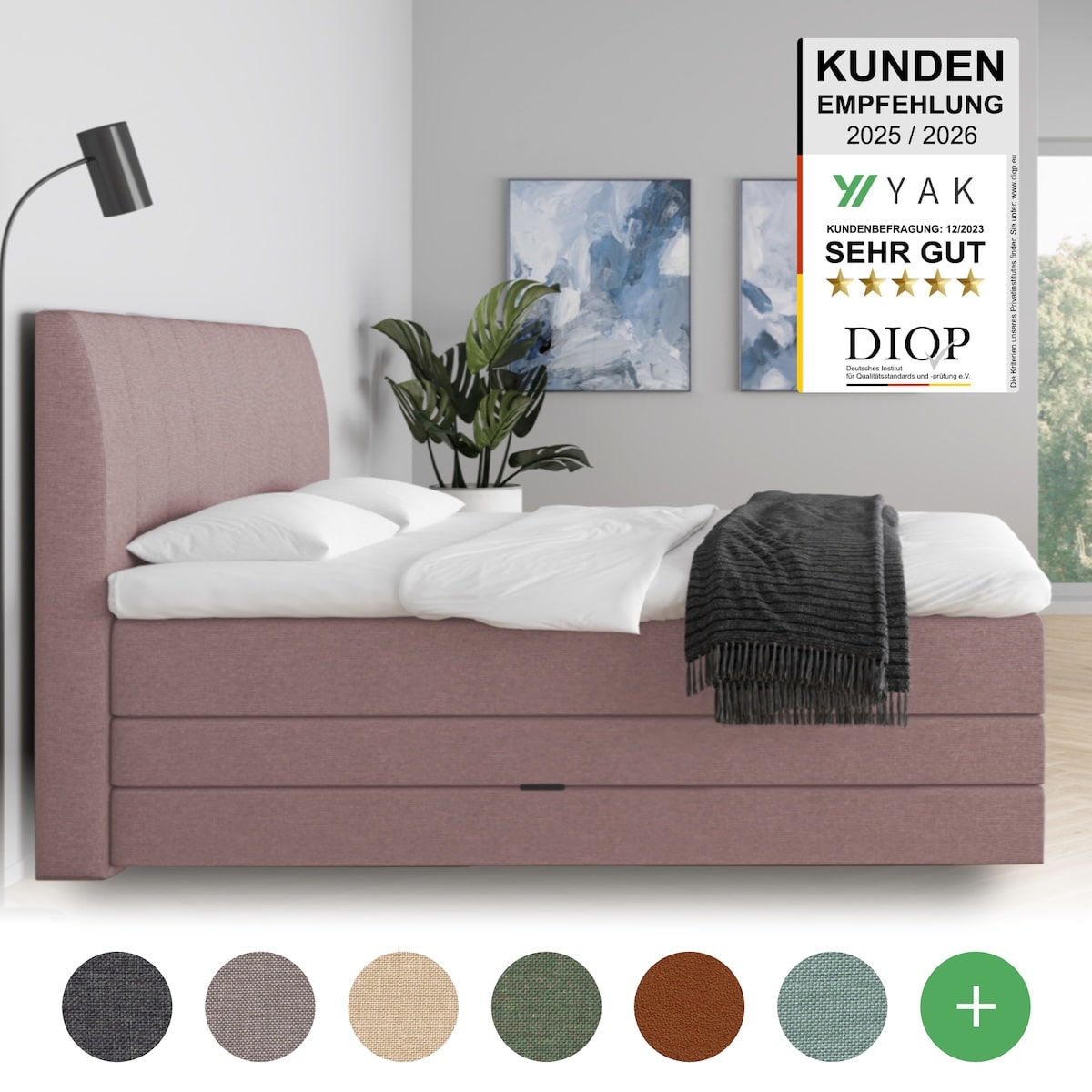 YAK Boxspringbett 140x200 , Rosa , H2/H3/H4 - mit Kopfteil , risikofrei 101 Nächte Probeschlafen [mit Infrarot-Faser] - Kostenlose Lieferung