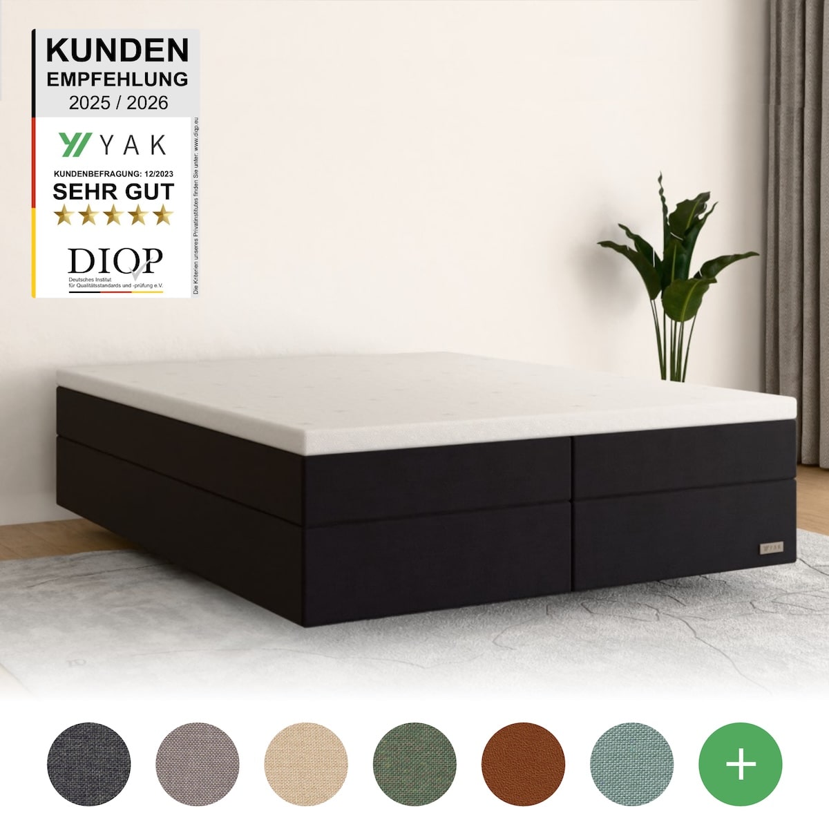 YAK Boxspringbett 140x200 , Schwarz , H2/H3/H4 - ohne Kopfteil (für Dachschräge) , risikofrei 101 Nächte Probeschlafen [mit Infrarot-Faser] - 