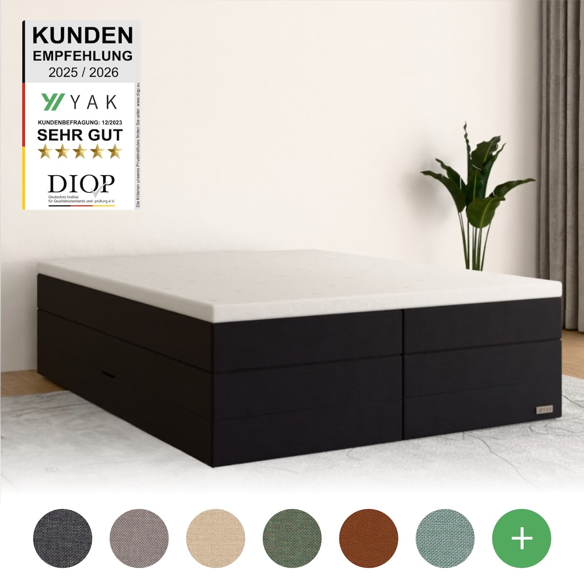 YAK Boxspringbett 140x200 Schwarz H2/H3/H4 ohne Kopfteil (für Dachschräge) - risikofrei 101 Nächte Probeschlafen [mit Infrarot-Faser] - Kostenlose 