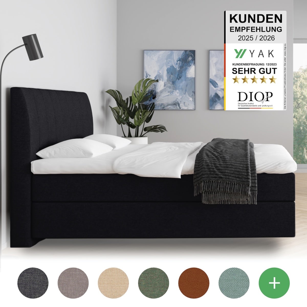 YAK Boxspringbett 180x200 , Schwarz , H2/H3/H4 - mit Kopfteil , risikofrei 101 Nächte Probeschlafen [mit Infrarot-Faser] - Kostenlose Lieferung