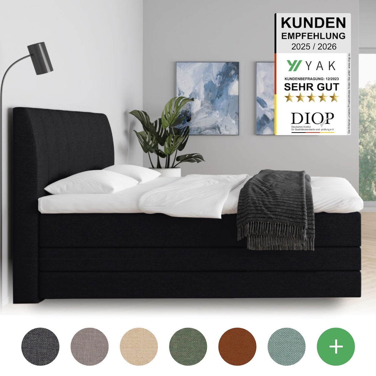 YAK Boxspringbett 180x200 Schwarz H2/H3/H4 mit Kopfteil - risikofrei 101 Nächte Probeschlafen [mit Infrarot-Faser] - Kostenlose Lieferung